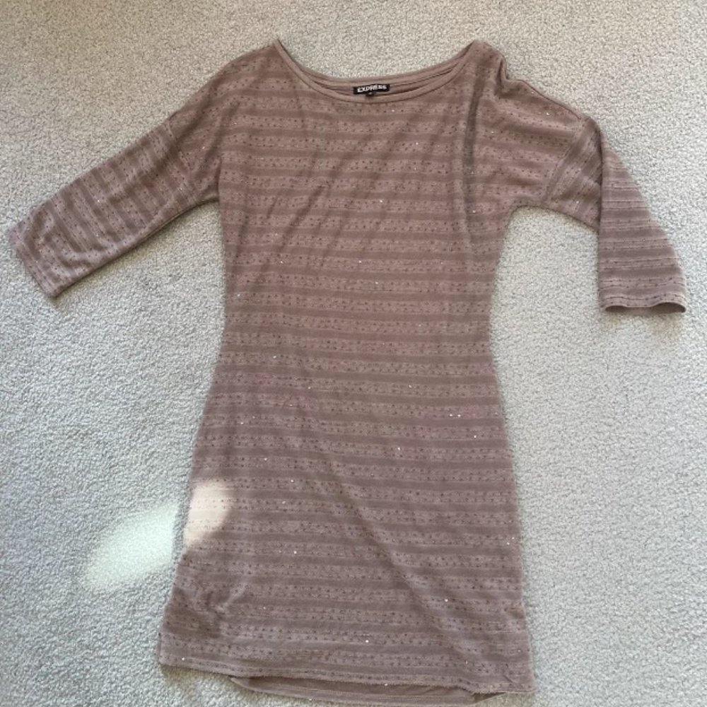 Express beige long-sleeve sequin sweater dress